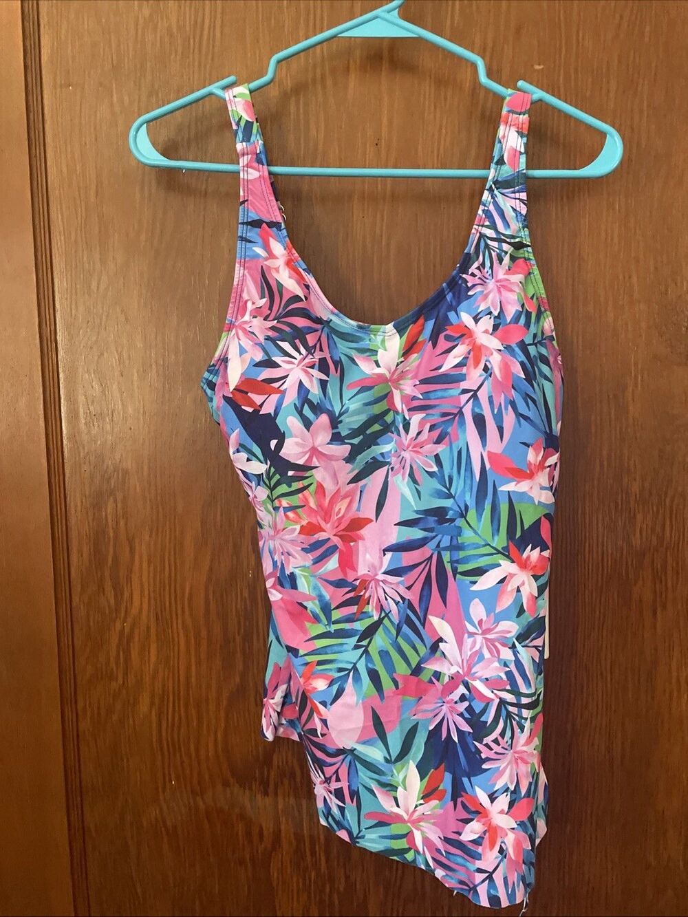 KATE KASIN Tankini Size Large Tummy Control Side Tie Tropical Blue Pink
